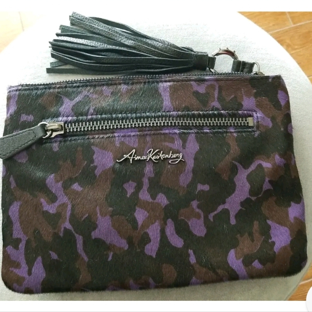AIMEE KESTENBERG Zip Top Leather Wristlet Clutch Handbag Purple Camo Fur NWOT